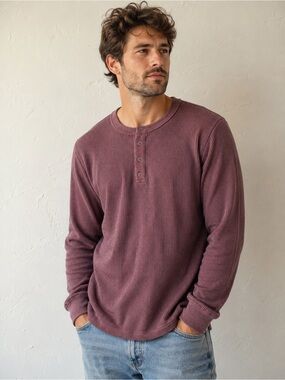 NWT Rhône Mens Waffle Knit Thermal Henley Long Sleeve Shirt Sz S‎ Light Maroon